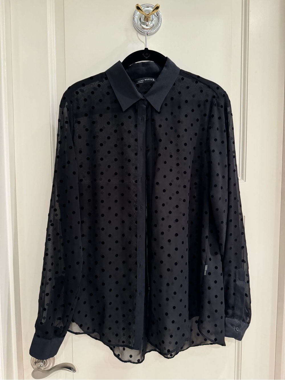 Zara Black Polka Dot Sheer Button-Down Blouse